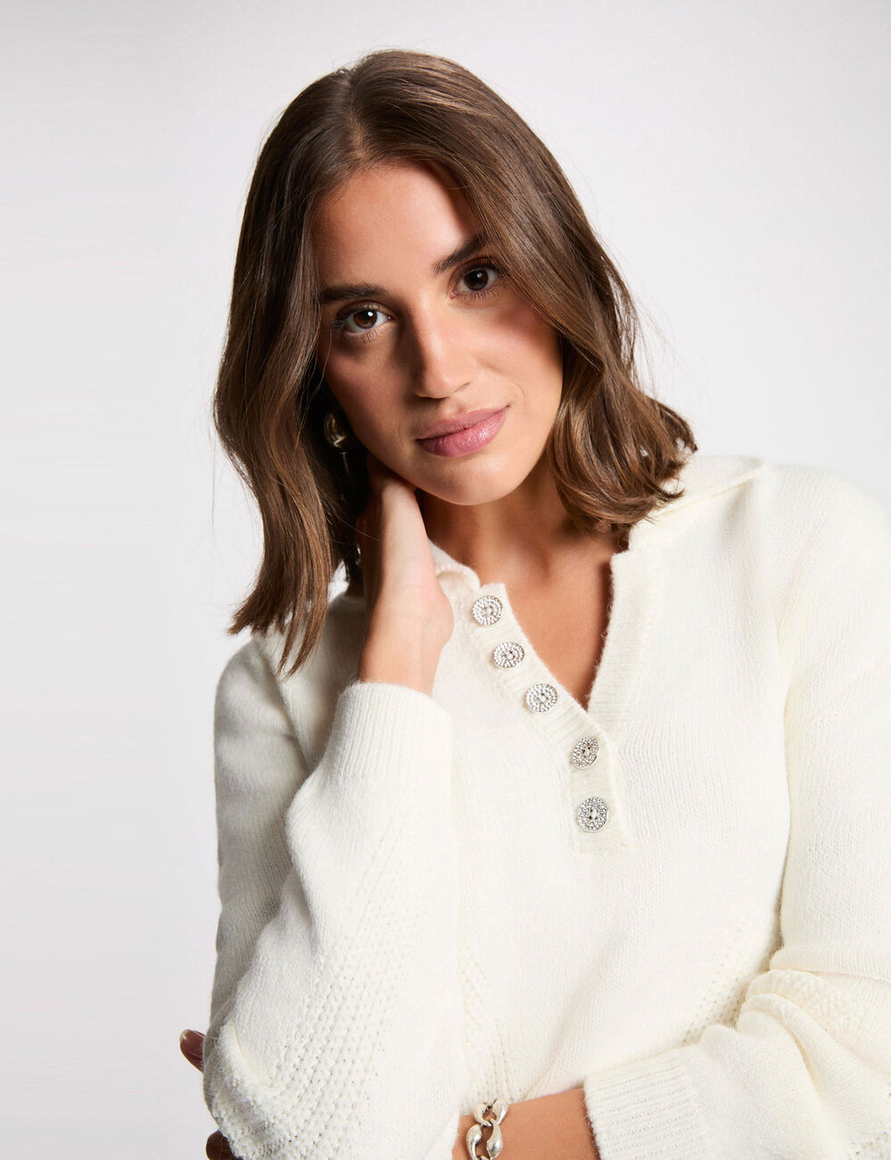 Pull col revers blanc femme