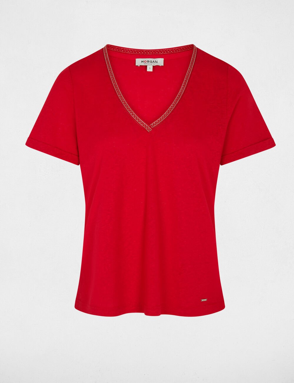 T-shirt met parels en V-hals rood vrouw