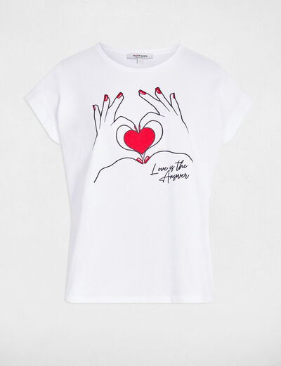 Kort T-shirt met opdruk helder wit vrouw