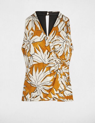 Top satiné col v jaune moutarde femme