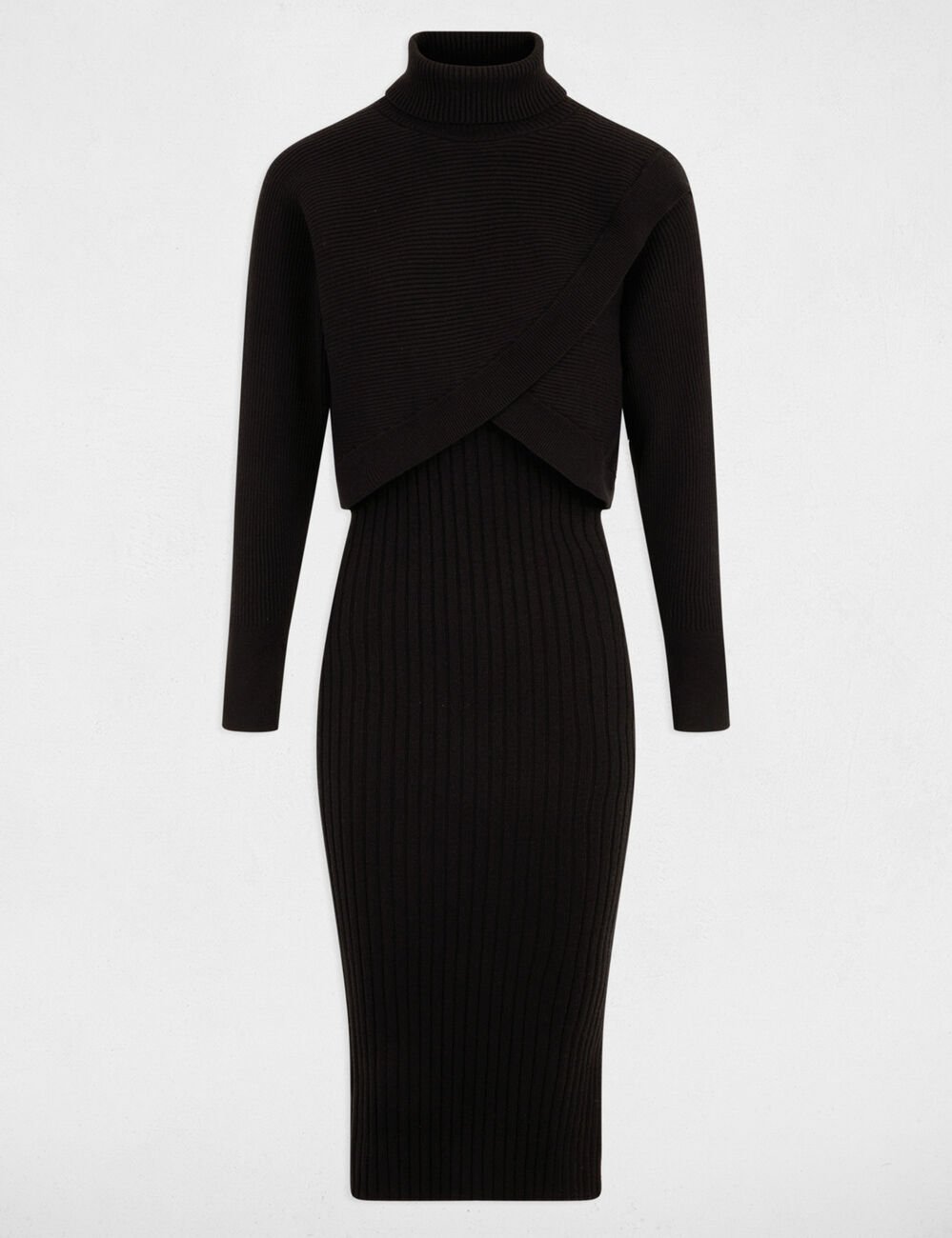 Robe tricot col roul&eacute; noir femme