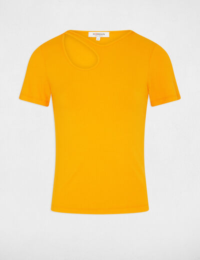 T-shirt korte geribbelde mouwen oranje vrouw