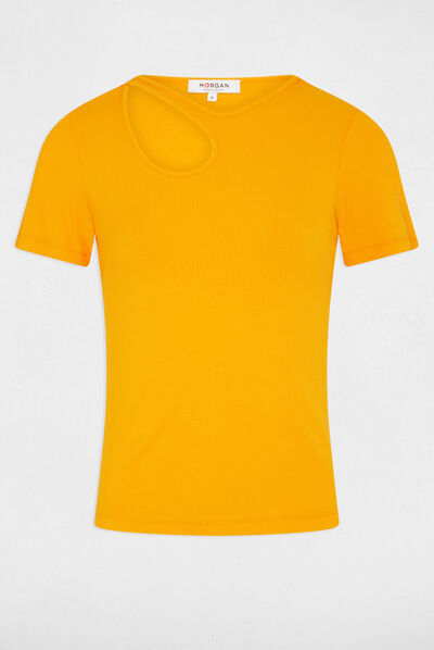 T-shirt manches courtes côtelé orange femme