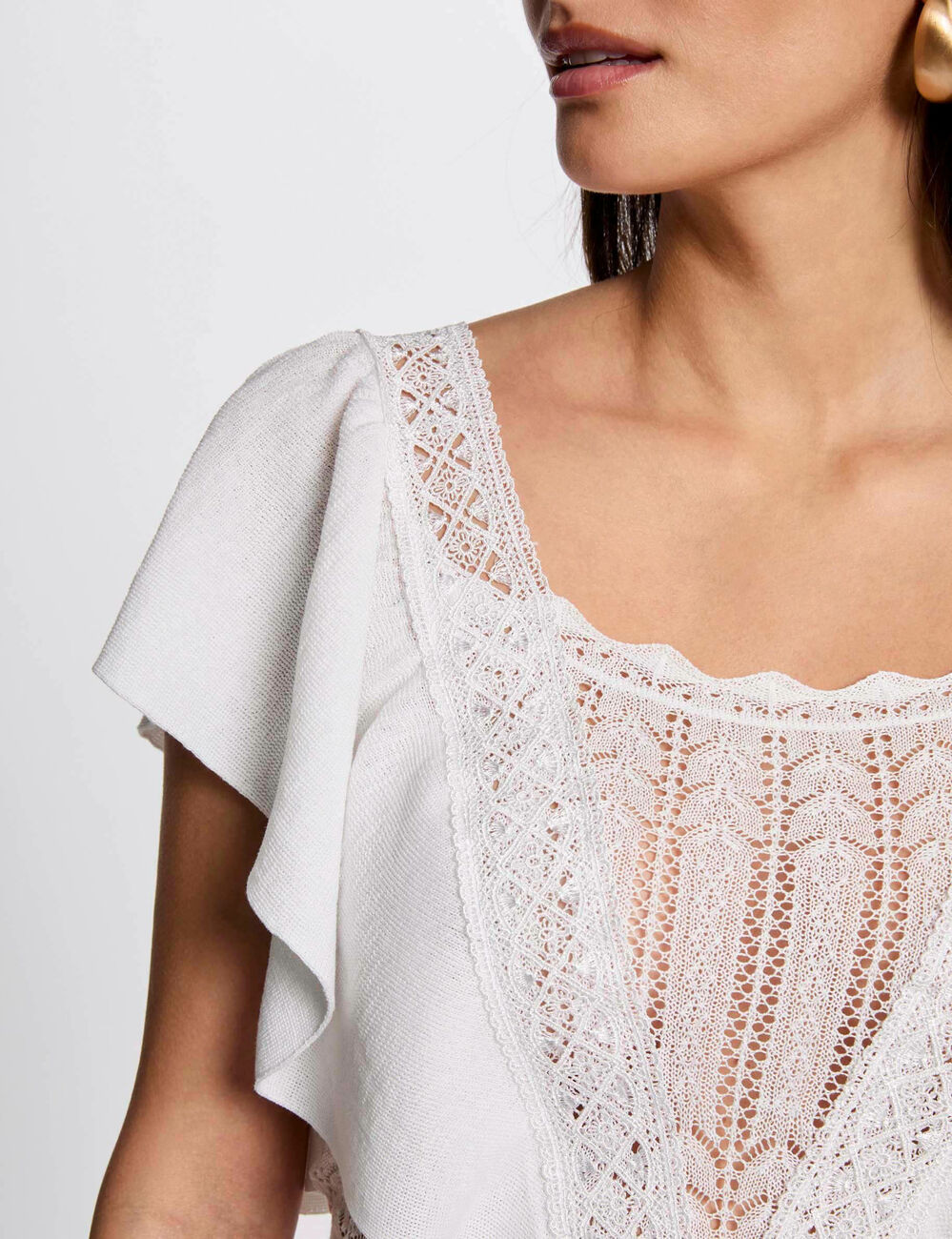 Pull manches courtes dentelle ivoire femme