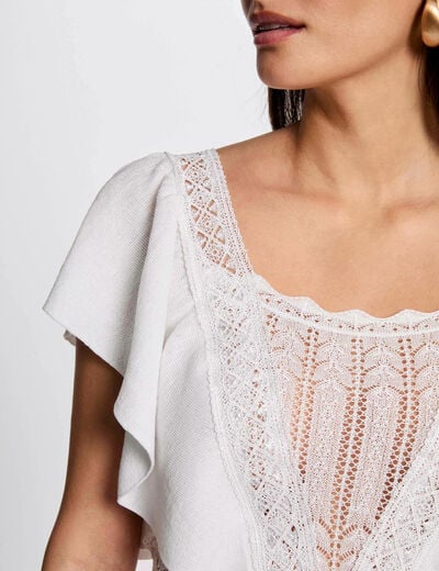 Pull manches courtes dentelle ivoire femme