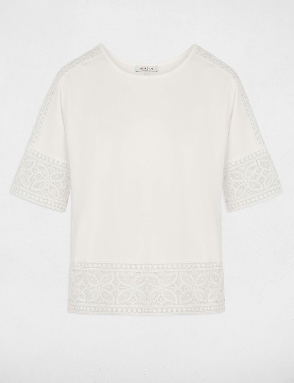 T-shirt dentelle col rond blanc femme