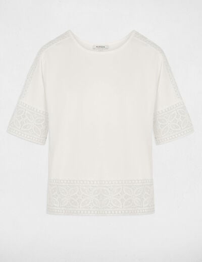 T-shirt dentelle col rond blanc femme