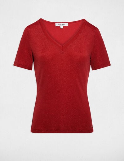 T-shirt manches courtes avec col en V orange fonc&eacute; femme