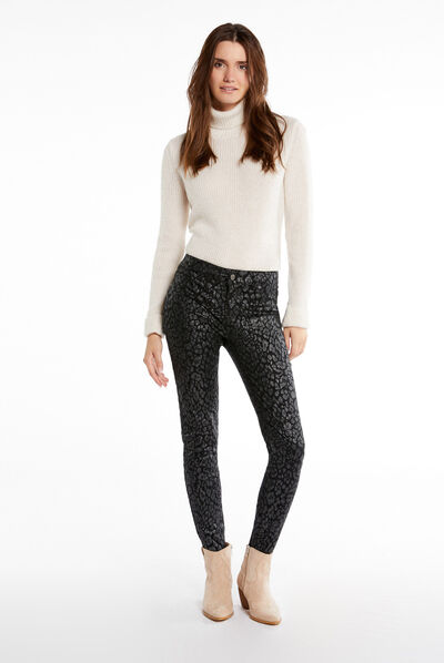 Gecoate skinny broek met luipaardprint zwart vrouw