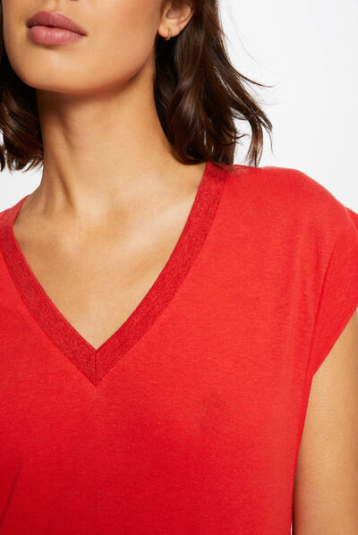 T-shirt manches courtes à col en V rouge femme
