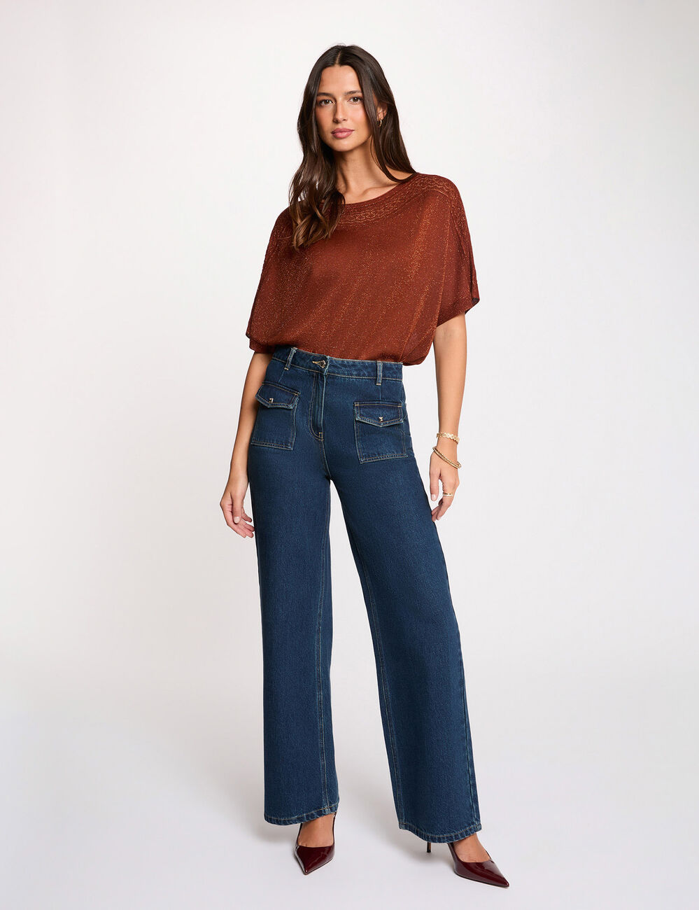 Pull oversize col v marron cognac femme