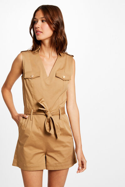 Combinaison droite ceinturée caramel femme
