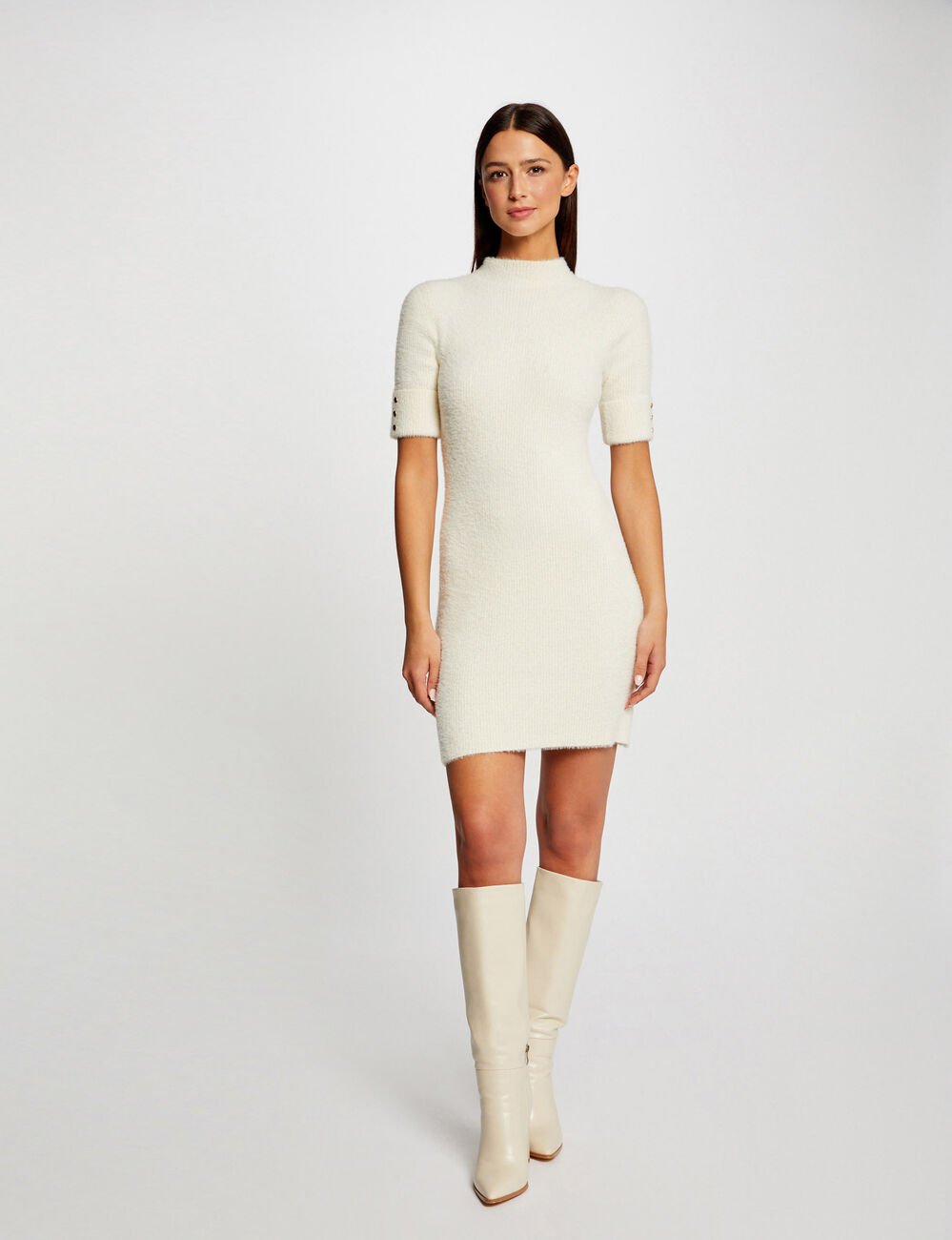 Aangesloten gebreide jurk korte mouwen ivoor vrouw