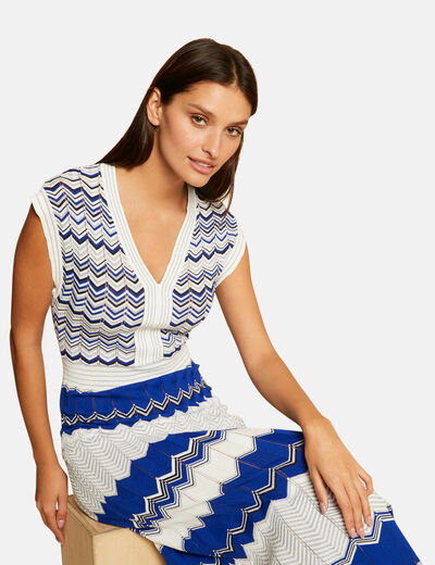 Lange rechte trui met chevronprint blauw medium vrouw