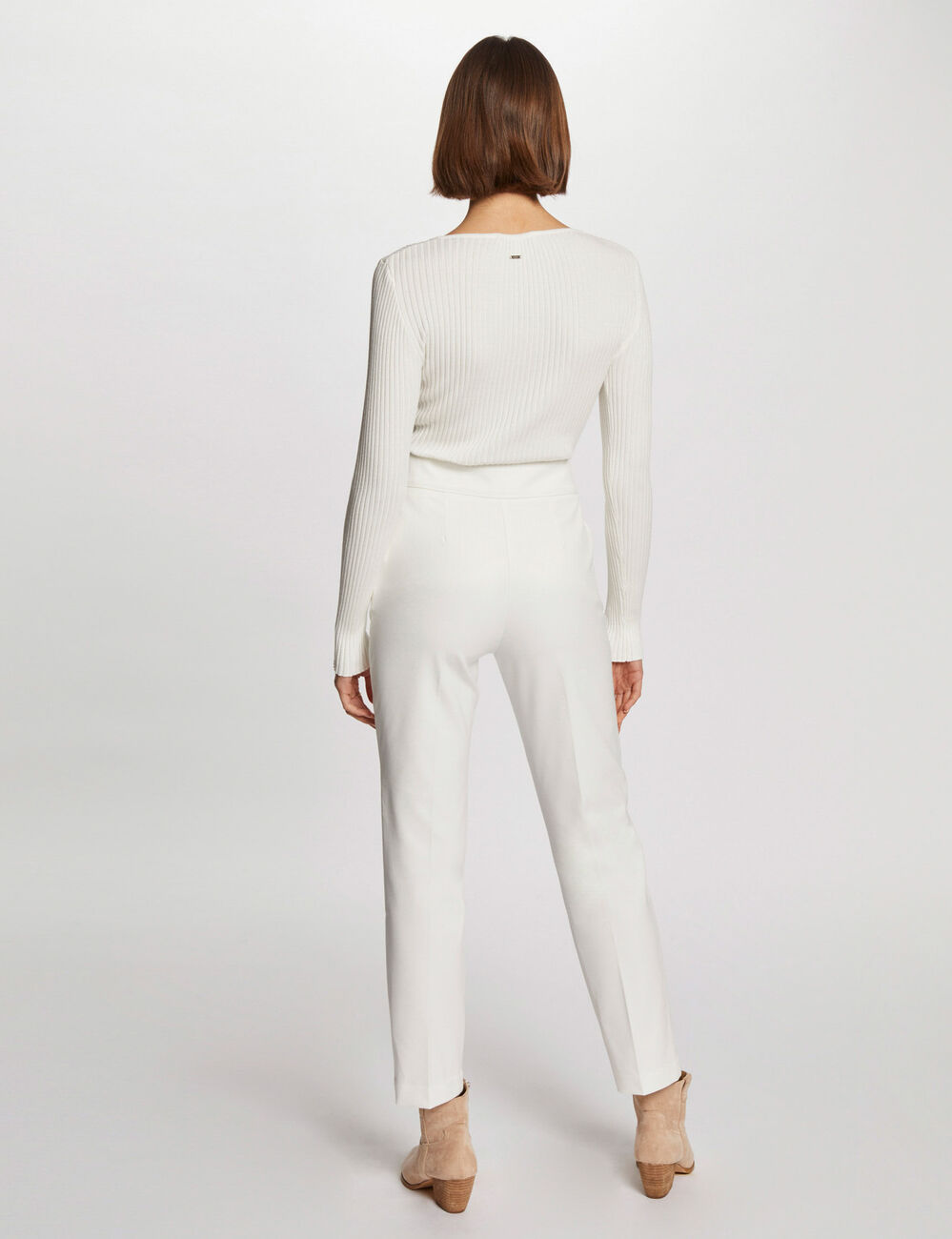 Ribgebreide trui met lange mouwen ecru vrouw