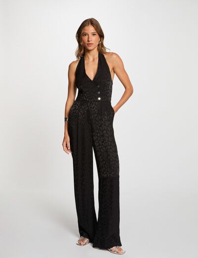 Lange jumpsuit met V-hals zwart vrouw