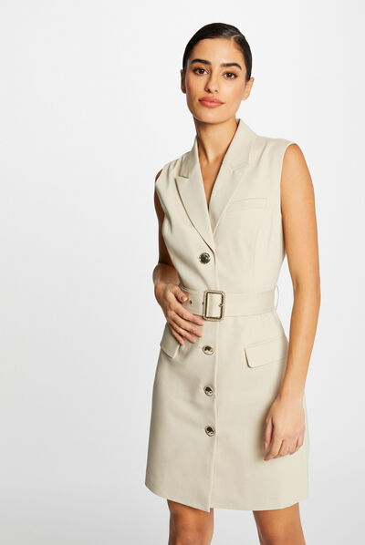 Robe droite sans manches ceinturée beige femme