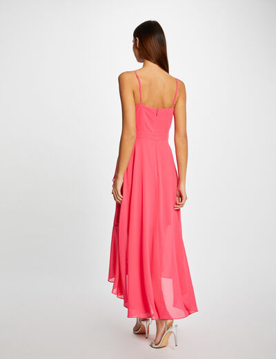 Lange uitlopende jurk met ruches roze vrouw