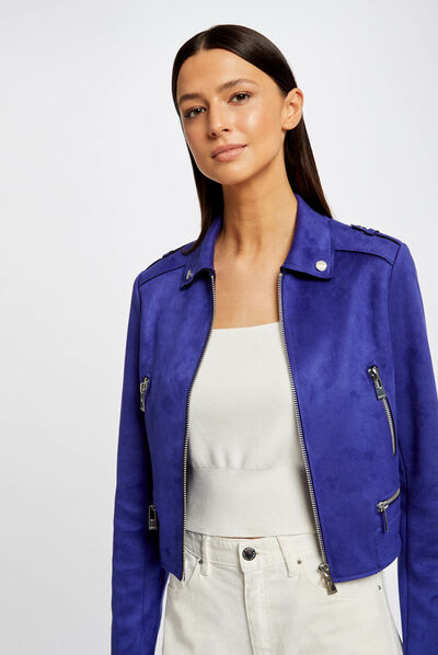 Suede-achtige rechte jas blauw medium vrouw