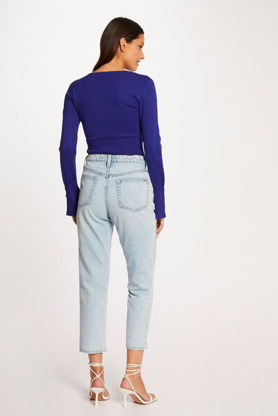Trui met lange mouwen en V-hals blauw medium vrouw