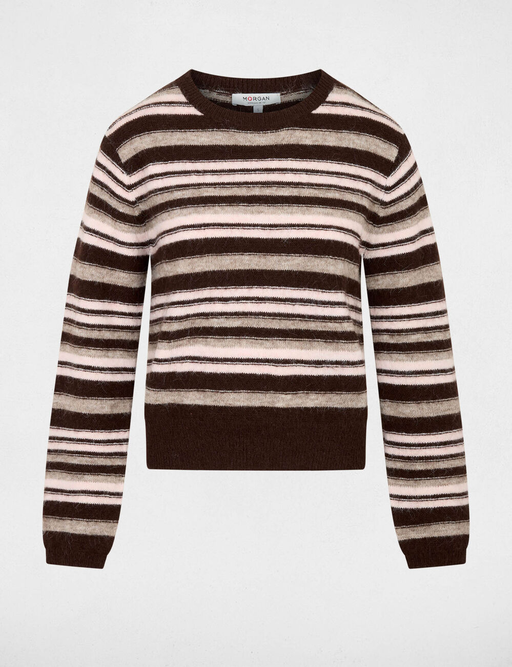 Pull ray&eacute; col rond marron femme