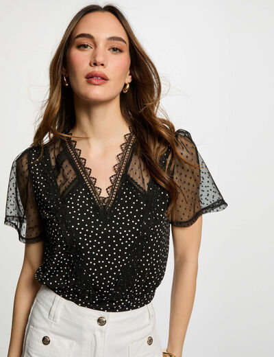 T-shirt met korte mouwen met stippen zwart vrouw