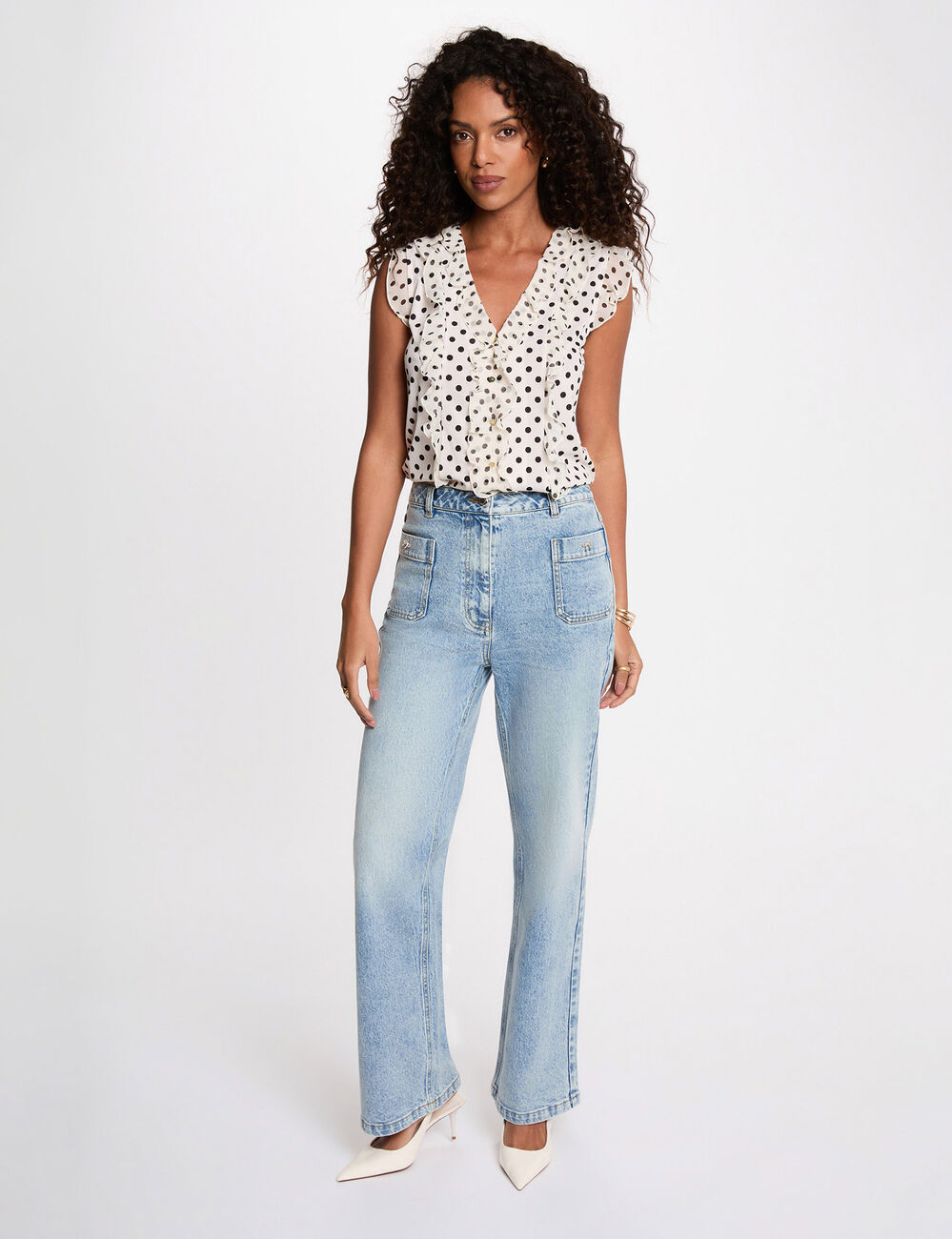 V-hals shirt met korte mouwen ivoor vrouw