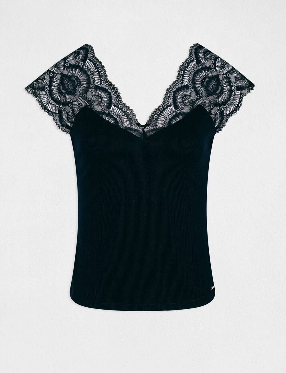 T-shirt manches courtes à dentelle marine femme