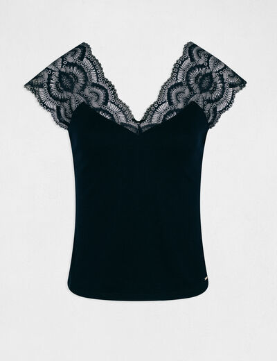 T-shirt manches courtes à dentelle marine femme