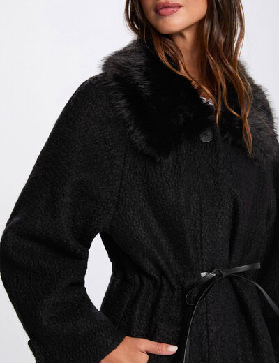 Manteau long fausse fourrure noir femme