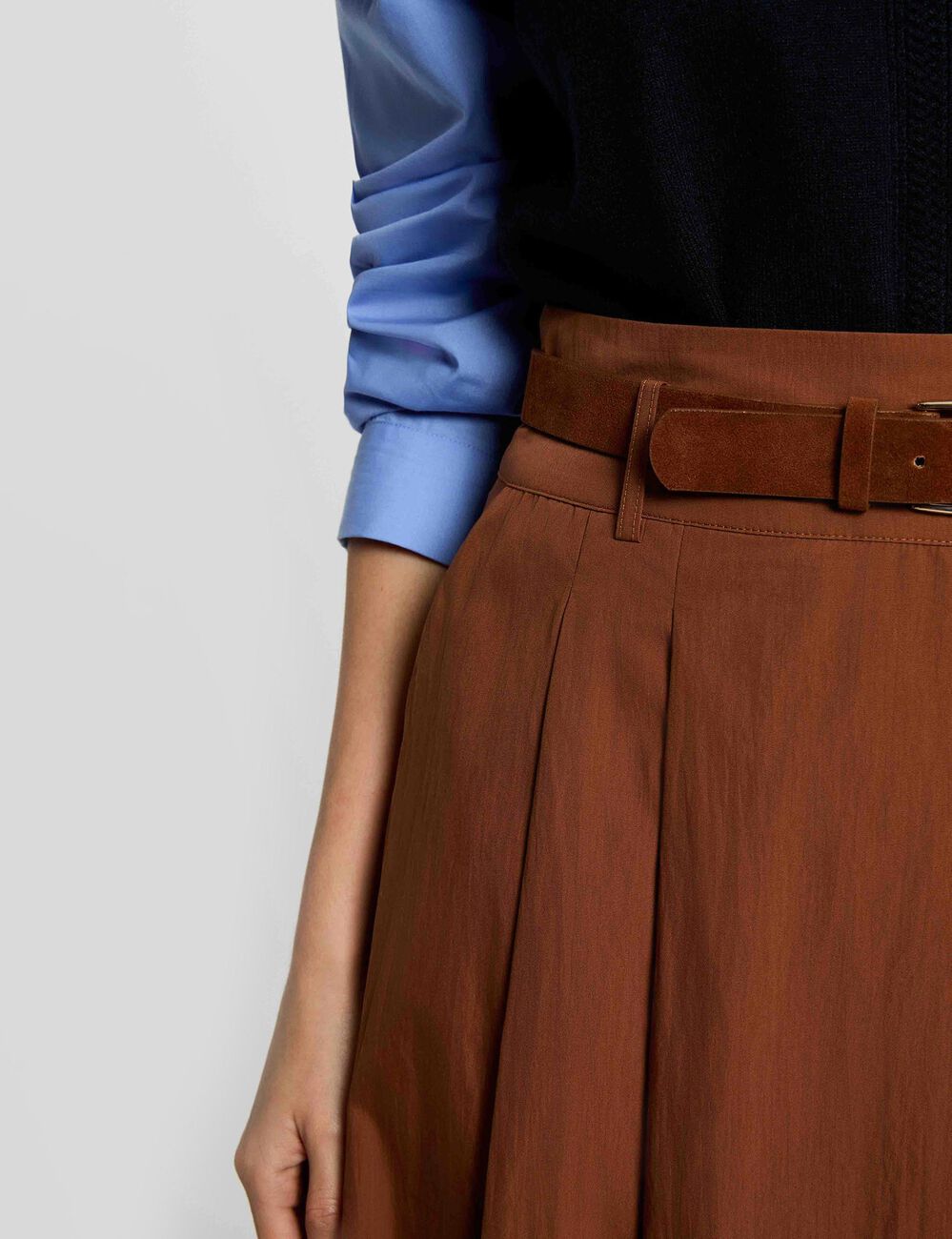 Jupe longue pliss&eacute;e marron cognac femme