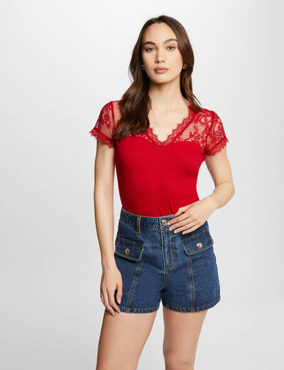 T-shirt met korte mouwen van kant rood vrouw