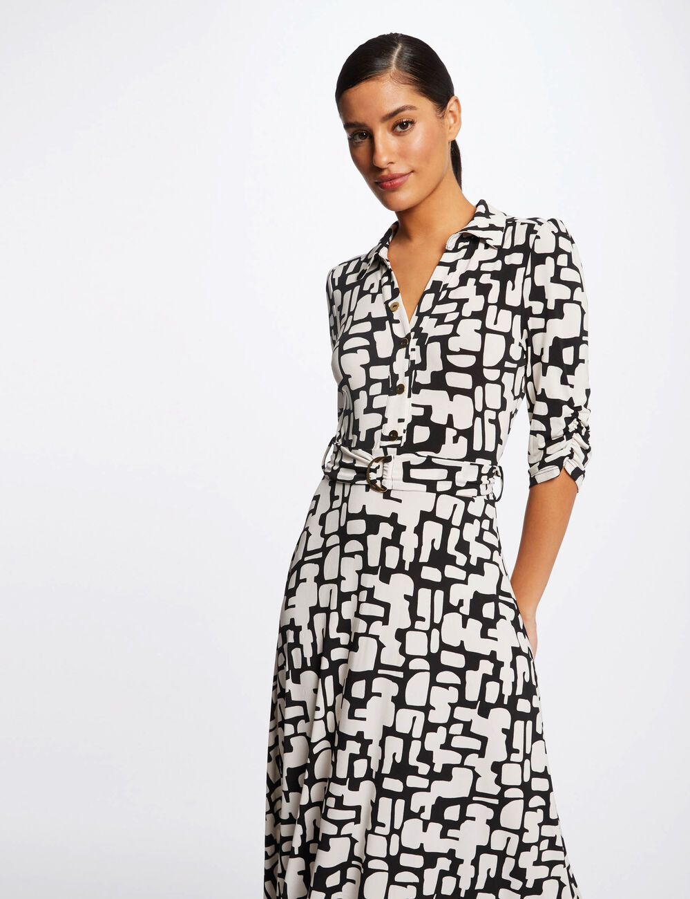 Robe longue &eacute;vas&eacute;e imprim&eacute; abstrait ecru femme