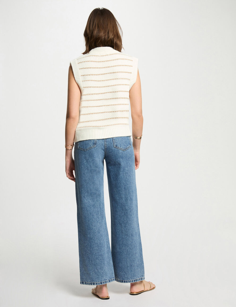 Mouwloos gestreept vest beige vrouw