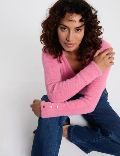 Pull manches longues maille duveteuse rose femme