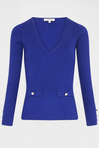 Geribbelde trui V-hals en lange mouwen blauw medium vrouw