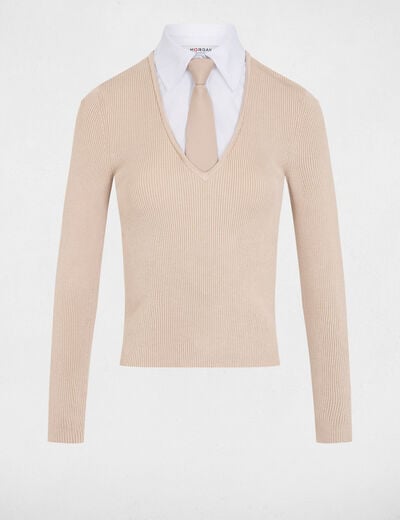 Pull 2-en-1 col à revers beige femme
