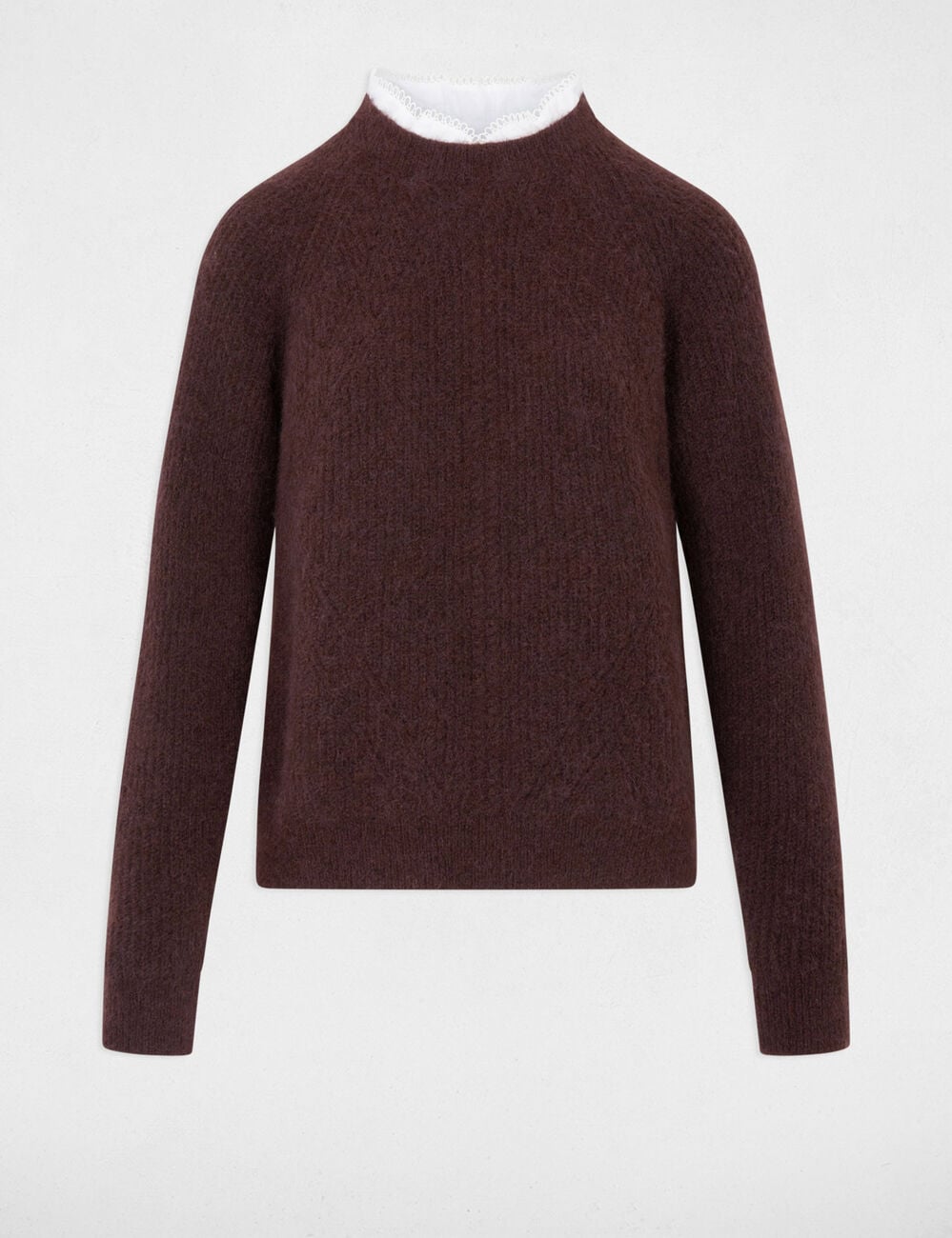 Trui met ronde hals en blouse-details donker bruin vrouw