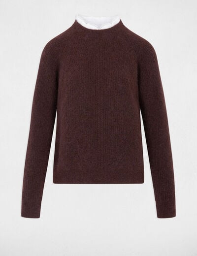 Trui met ronde hals en blouse-details donker bruin vrouw