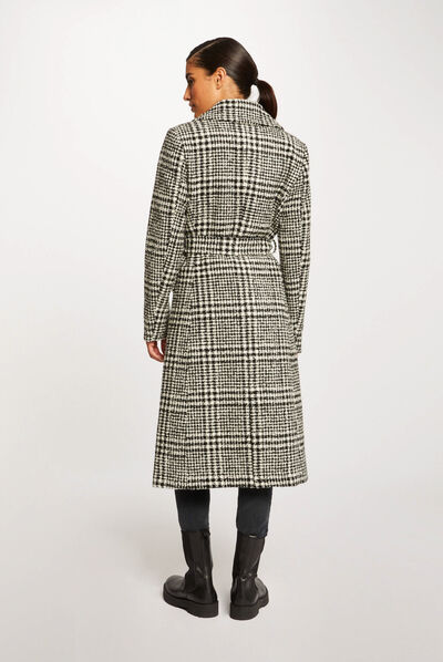 Manteau droit ceinturé imprimé ecru femme