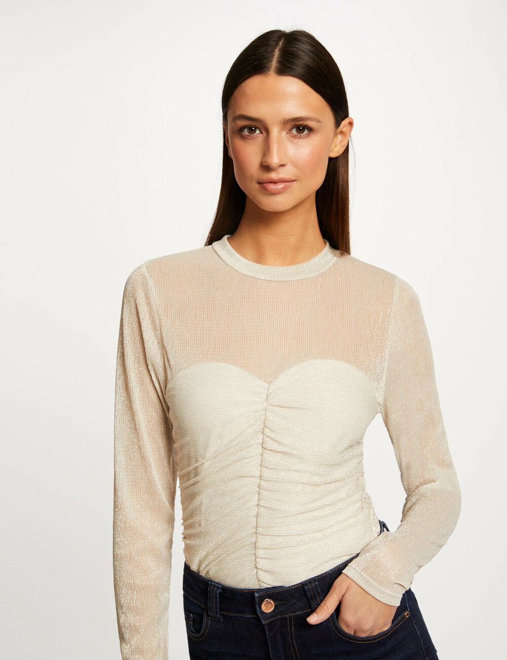 Geplooid T-shirt met lange mouwen ivoor vrouw