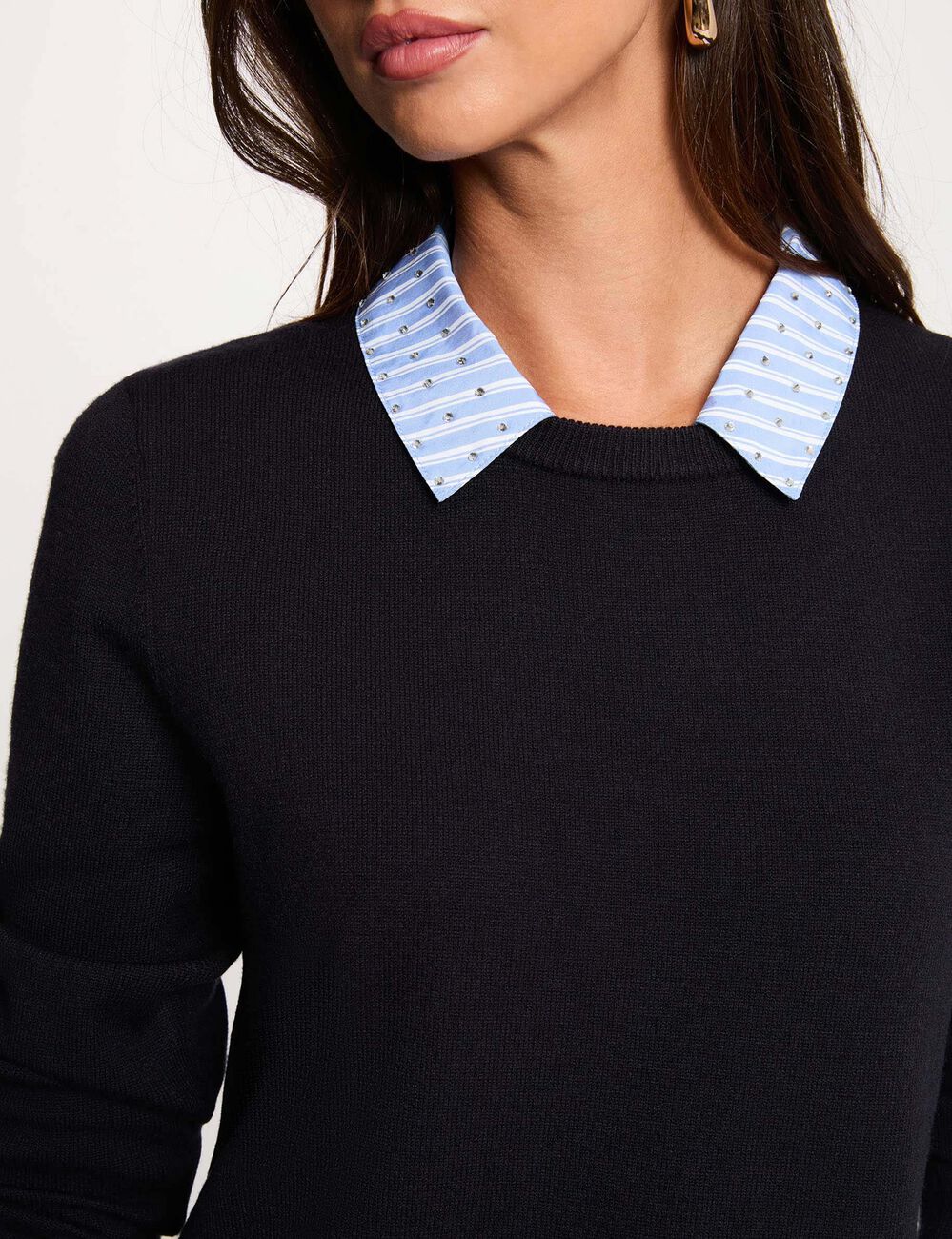 Robe tricot col &agrave; revers bleu marine femme