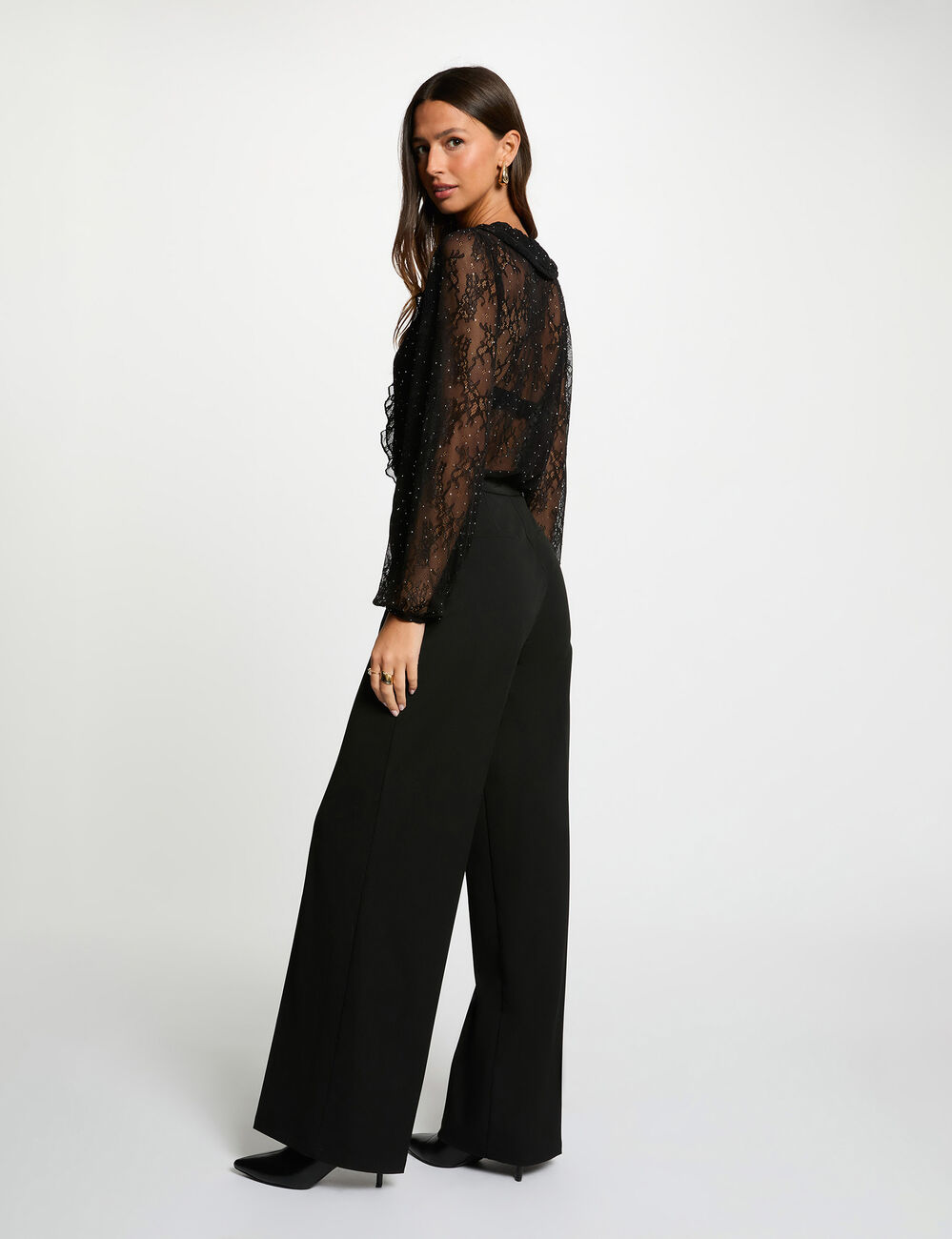 Kant T-shirt met V-hals zwart vrouw