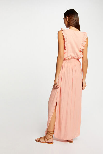 Jupe longue fluide taille élastiquée rose moyen femme