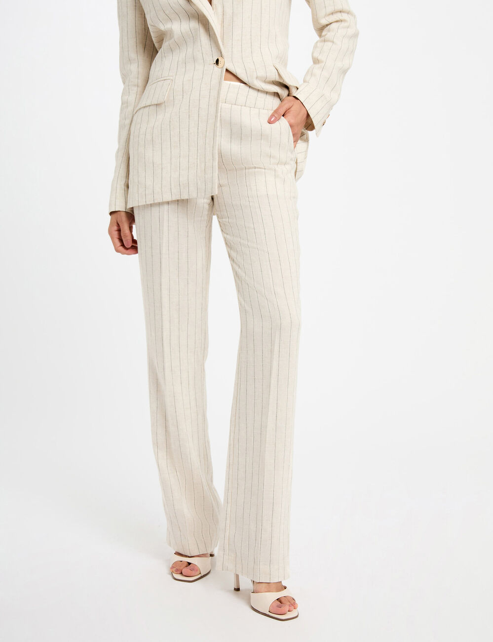 Gestreepte wijde broek beige vrouw