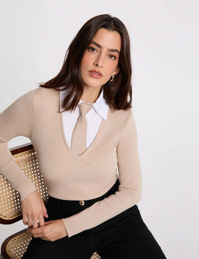 Pull 2-en-1 col à revers beige femme