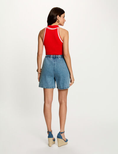 High-waist short dubbel stone washed denim vrouw