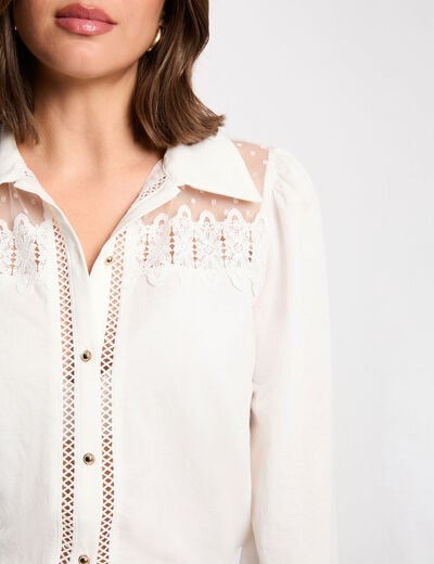 T-shirt dentelle manches longues blanc femme