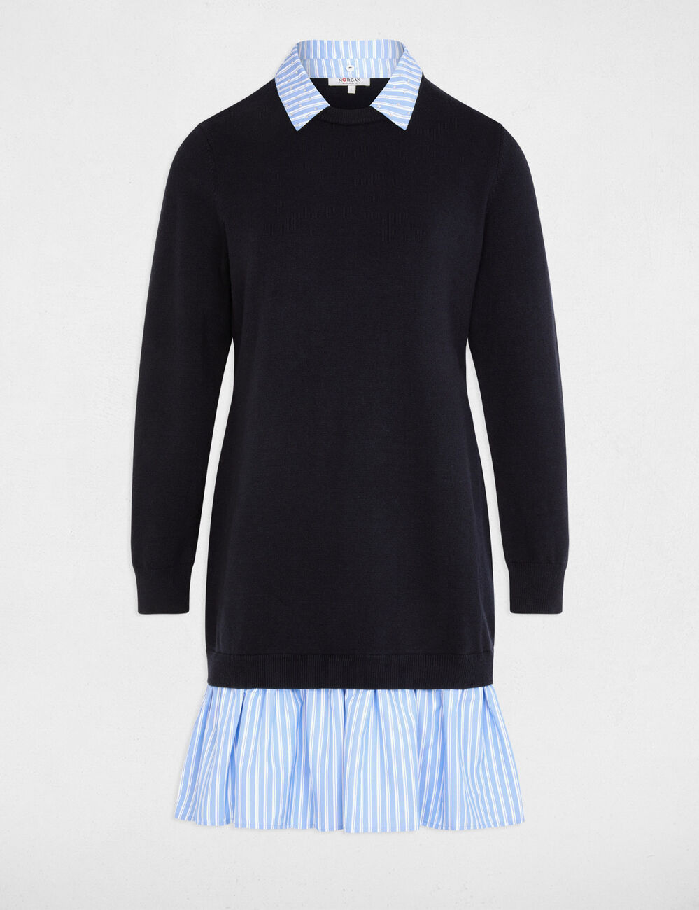 Robe tricot col &agrave; revers bleu marine femme