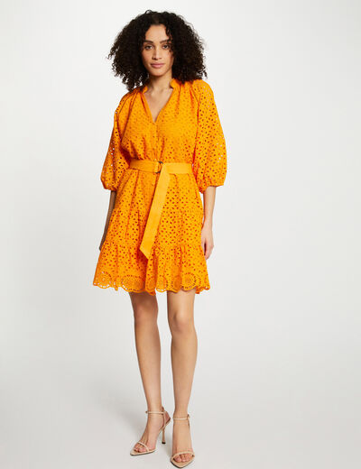 Robe courte trapèze brodée orange femme